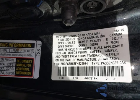 2015 Honda Civic Lx z USA, uszkodzony, nr VIN 2HGFG3B55FH525934